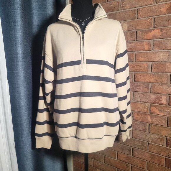 Abercrombie & Fitch Women's Blue & Lt Beige Striped 1/4 Zip Sweatshirt - Size S - Picture 1 of 13
